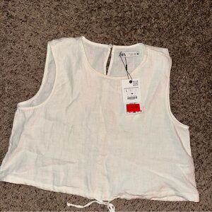 NWT Zara Cream Sleeveless Linen Crop Top Tie Front White Size Large